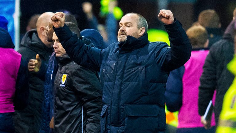 Steve Clarke celebrates at full-time after seeing Kilmarnock beat Rangers 2-1 at Rugby Park