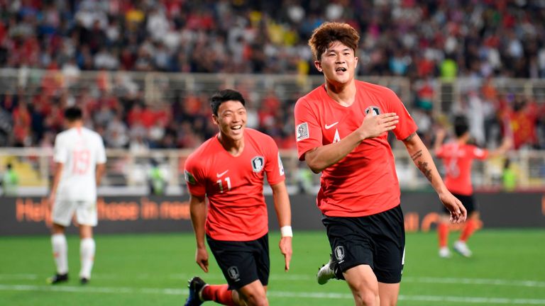 Kim Min-Jae celebrates finding the net for South Korea at the Asian Cup