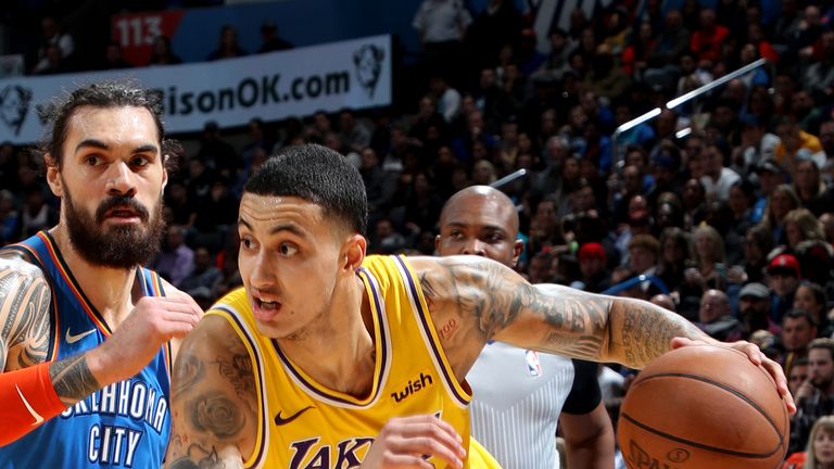 OKLAHOMA CITY, OK- JANUARY 17: Los Angeles Lakers forward Kyle Kuzma #0 drives to the basket during the game against the Oklahoma City Thunder on January 17, 2019 at Chesapeake Energy Arena in Oklahoma City, Oklahoma. NOTE TO USER: User expressly acknowledges and agrees that, by downloading and or using this photograph, User is consenting to the terms and conditions of the Getty Images License Agreement. Mandatory Copyright Notice: Copyright 2019 NBAE (Photo by Zach Beeker/NBAE via Getty Images)