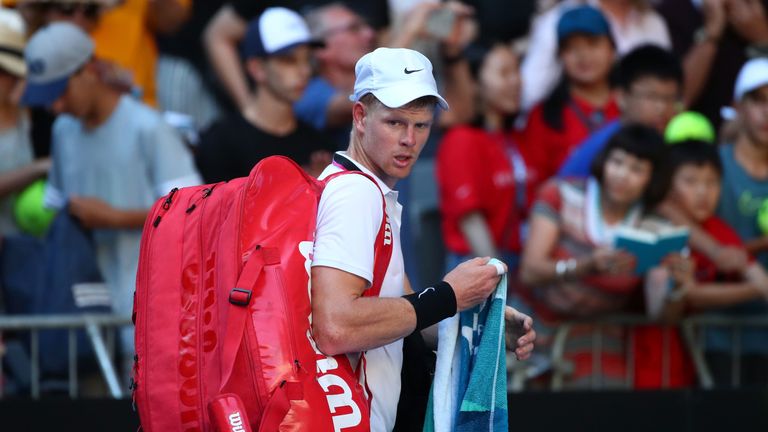Kyle Edmund of Great Britain leaves the court following defeat in his first round match against Tomas Berdych of Czech Republic during day one of the 2019 Australian Open at Melbourne Park on January 14, 2019 in Melbourne, Australia.
