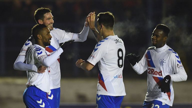 30/01/19 WLLIAM HILL SCOTTISH CUP 4th ROUND.COWDENBEATH v RANGERS (1-3).CENTRAL PARK - COWDENBEATH.Ranger’s Kyle LAfferty (second from left) celebrates his goal to make it 3-0