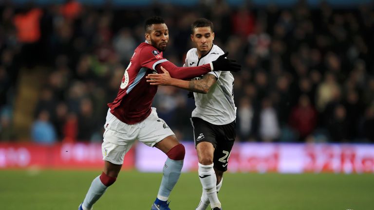 Kyle Naughton of Swansea City battles for possession with Jonathan Kodjia during the FA Cup Third Round match between Aston Villa and Swansea City at Villa Park on January 5, 2019 in Birmingham, United Kingdom.