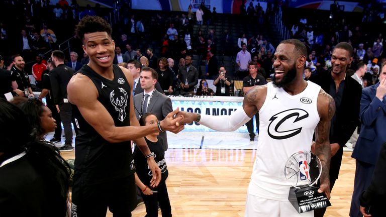LOS ANGELES, CA - FEBRUARY 18:  LeBron James #23 of Team LeBron and Giannis Antetokounmpo #34 of Team Stephen after the NBA All-Star Game as a part of 2018 NBA All-Star Weekend at STAPLES Center on February 18, 2018 in Los Angeles, California. NOTE TO USER: User expressly acknowledges and agrees that, by downloading and/or using this photograph, user is consenting to the terms and conditions of the Getty Images License Agreement.  Mandatory Copyright Notice: Copyright 2018 NBAE (Photo by Nathaniel S. Butler/NBAE via Getty Images)