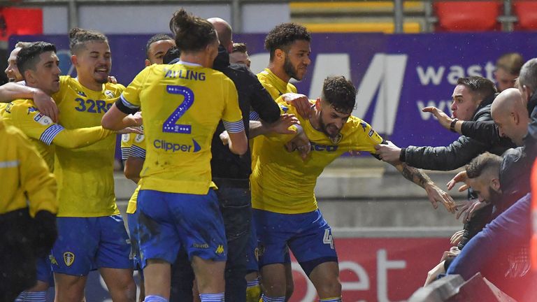 Leeds United players celebrate their winning goal during the Sky Bet Championship match at the AESSEAL New York Stadium, Rotherham. PRESS ASSOCIATION Photo. Picture date: Saturday January 26, 2019. See PA story SOCCER Rotherham. Photo credit should read: Dave Howarth/PA Wire. RESTRICTIONS: EDITORIAL USE ONLY No use with unauthorised audio, video, data, fixture lists, club/league logos or "live" services. Online in-match use limited to 120 images, no video emulation. No use in betting, games or single club/league/player publications.