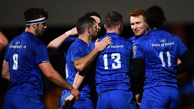 25 January 2019; Rory O'Loughlin, 13, of Leinster celebrates with team-mates after scoring his side's first try during the Guinness PRO14 Round 14 match between Leinster and Scarlets at the RDS Arena in Dublin. Photo by Ramsey Cardy/Sportsfile