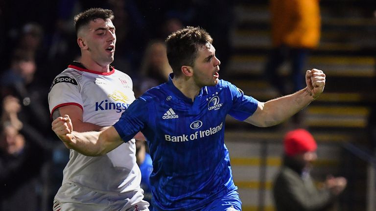 Conor O'Brien celebrates his try for Leinster