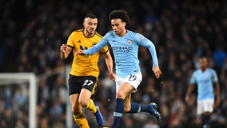 Leroy Sane during the Premier League match between Manchester City and Wolverhampton Wanderers at Etihad Stadium on January 12, 2019 in Manchester, United Kingdom