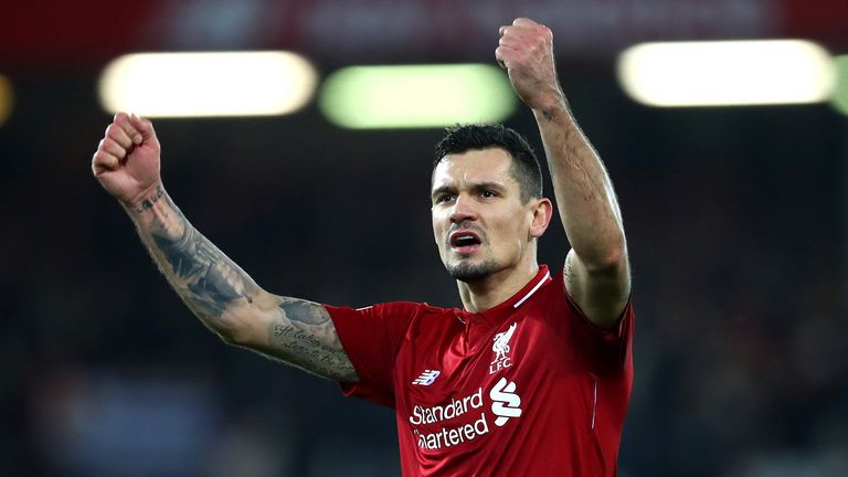 Dejan Lovren of Liverpool celebrates during the Premier League match between Liverpool FC and Arsenal FC at Anfield on December 29, 2018 in Liverpool, United Kingdom
