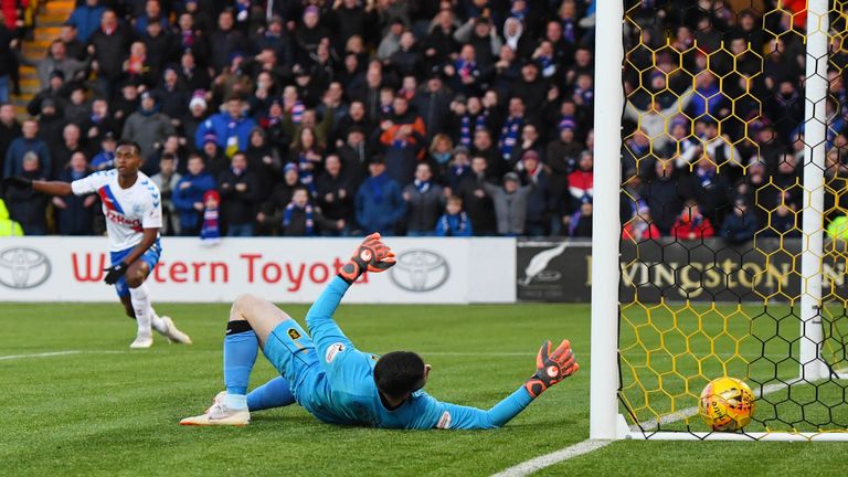 Livingston goalkeeper Liam Kelly lets a Ryan Jack shot through his arms as Rangers take the lead