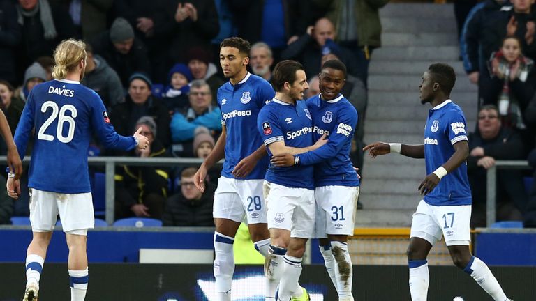 Ademola Lookman celebrates his opener as Everton beat Lincoln