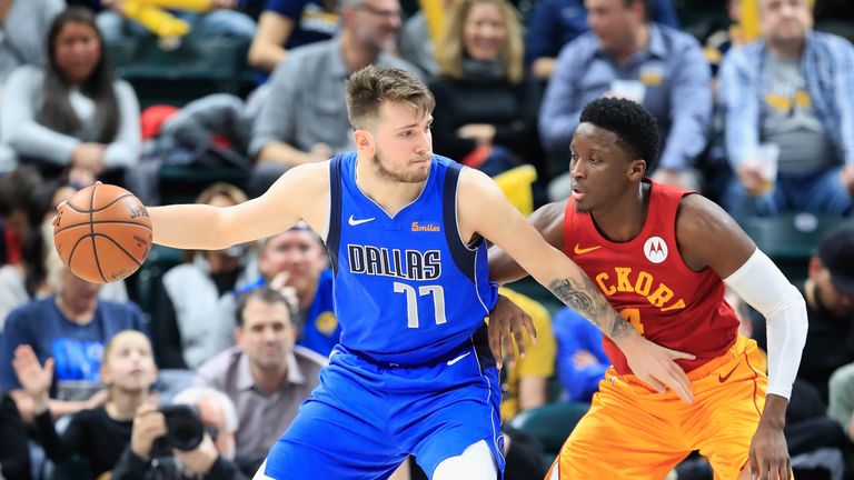 Luka Doncic #77 of the Dallas Mavericks dribbles the ball while defended by Victor Oladipo #4 of the Indiana Pacers at Bankers Life Fieldhouse on January 19, 2019 in Indianapolis, Indiana