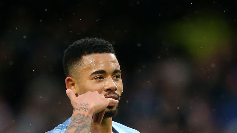 Gabriel Jesus of Manchester City celebrates after scoring his team's first goal during the FA Cup Fourth Round match between Manchester City and Burnley at Etihad Stadium on January 26, 2019 in Manchester, United Kingdom.
