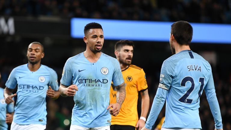 Gabriel Jesus celebrates during the Premier League match between Manchester City and Wolverhampton Wanderers at Etihad Stadium on January 14, 2019 in Manchester, United Kingdom