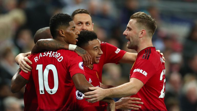 Man Utd players celebrate after Marcus Rashford's goal against Tottenham