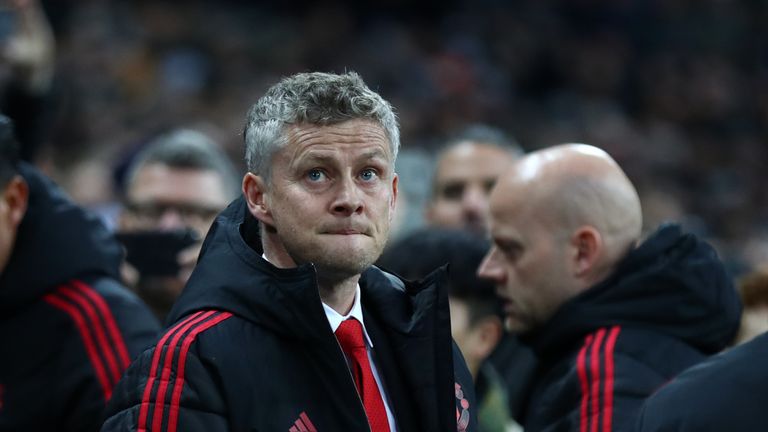 Ole Gunnar Solskjaer during the Premier League match between Tottenham Hotspur and Manchester United at Wembley