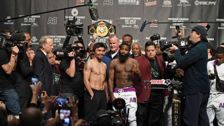 WBA welterweight champion Manny Pacquiao (L) and Adrien Broner pose during their official weigh-in at MGM Grand Garden Arena on January 18, 2019 in Las Vegas, Nevada. Pacquiao will defend his title against Broner on January 19 at MGM Grand Garden Arena in Las Vegas.  (Photo by Ethan Miller/Getty Images)