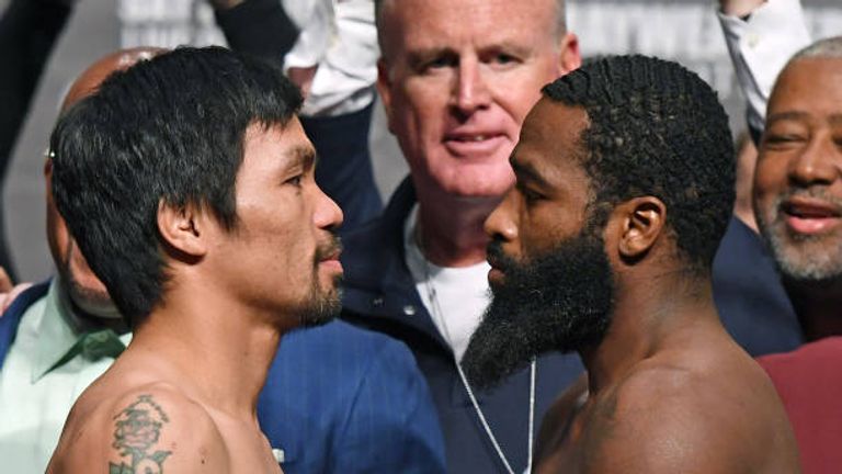 WBA welterweight champion Manny Pacquiao (L) and Adrien Broner face off during their official weigh-in at MGM Grand Garden Arena on January 18, 2019 in Las Vegas, Nevada. Pacquiao will defend his title against Broner on January 19 at MGM Grand Garden Arena in Las Vegas.  (Photo by Ethan Miller/Getty Images)