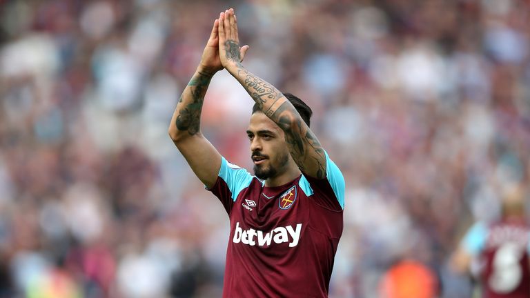 Manuel Lanzini of West Ham United celebrates after scoring his sides first goal during the Premier League match between West Ham United and Everton at London Stadium on May 13, 2018 in London, England. 