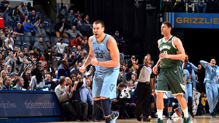 MEMPHIS, TN - JANUARY 16: Marc Gasol #33 of the Memphis Grizzlies reacs against the Milwaukee Bucks on January 16, 2019 at the FedExForum in Memphis, Tennessee. NOTE TO USER: User expressly acknowledges and agrees that, by downloading and/or using this Photograph, user is consenting to the terms and conditions of the Getty Images License Agreement. Mandatory Copyright Notice: Copyright 2019 NBAE (Photo by Jesse D. Garrabrant/NBAE via Getty Images)
