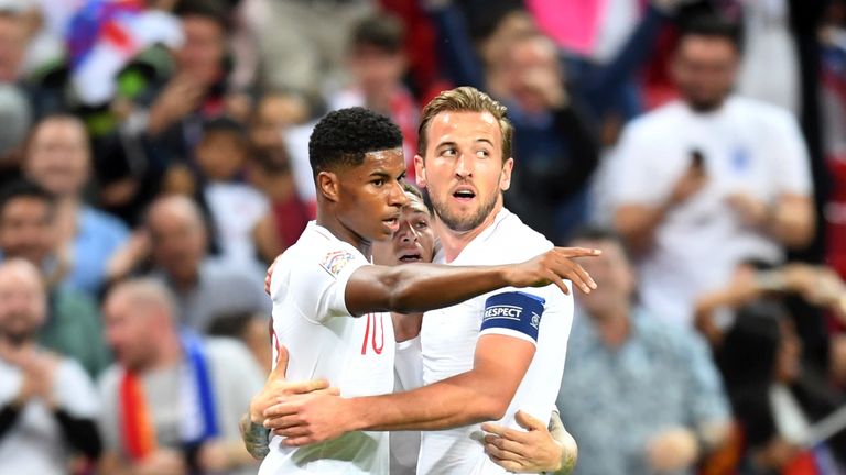 Marcus Rashford and Harry Kane during the UEFA Nations League A group four match between England and Spain at Wembley Stadium on September 8, 2018 in London, United Kingdom.