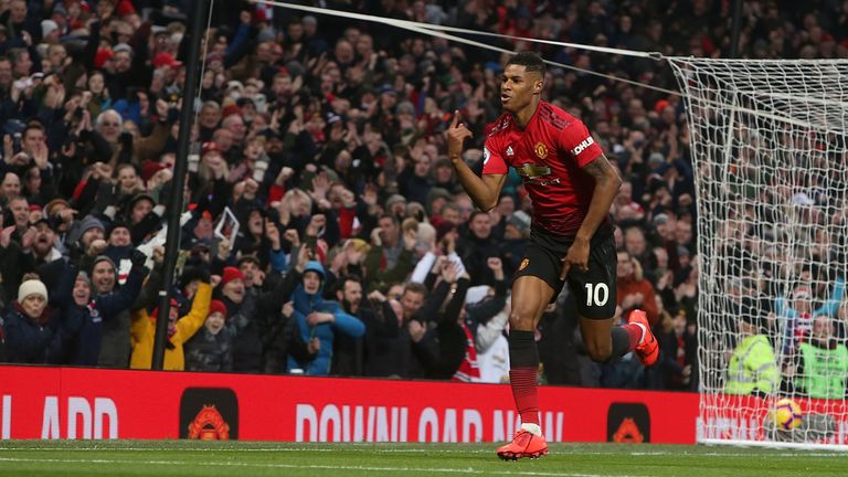 Marcus Rashford celebrates after scoring Manchester United's second