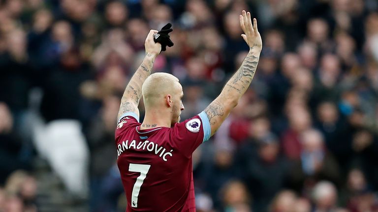 Marko Arnautovic waves to supporters after being substituted in the second-half