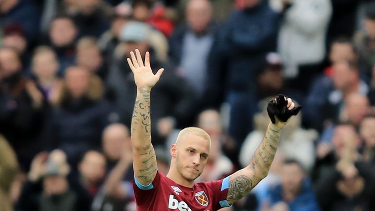 Marko Arnautovic acknowledges the home fans as he is substituted in the second-half