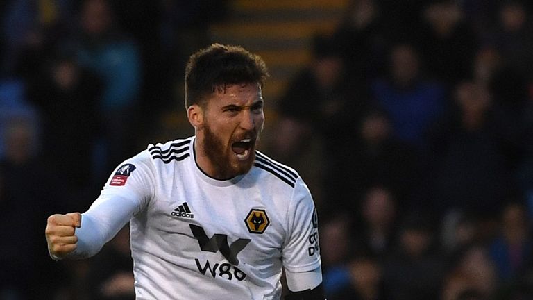 Matt Doherty of Wolverhampton Wanderers celebrates after scoring his team's second goal during the FA Cup Fourth Round match between Shrewsbury Town and Wolverhampton Wanderers at New Meadow on January 26, 2019 in Shrewsbury, United Kingdom