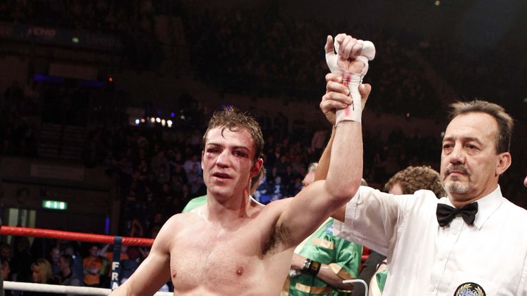 Matthew Macklin (left) has his arm raised after beating Ruben Varon in the  Middleweight Championship of Europe at the Contemporary Urban Centre, Liverpool.
