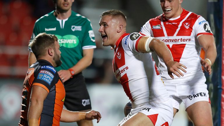 St Helens' Matty Lees celebrates his try against Castleford Tigers during the Betfred Super League Super 8's match at The Totally Wicked Stadium, St Helens. PRESS ASSOCIATION Photo. Picture date: Friday September 28, 2018. See PA story RUGBYL St Helens. Photo credit should read: Martin Rickett/PA Wire. RESTRICTIONS: Editorial use only. No commercial use. No false commercial association. No video emulation. No manipulation of images. 