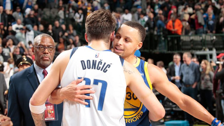 Luka Doncic of the Dallas Mavericks and Stephen Curry of the Golden State Warriors hug after a game on January 13