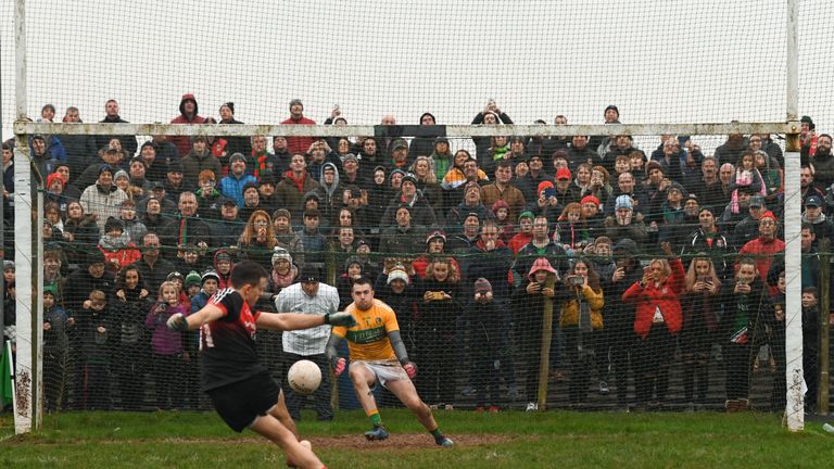 On the spot: Jason Doherty scores the opening penalty of the shoot-out after the Connacht FBD League match between Leitrim and Mayo ended in a draw