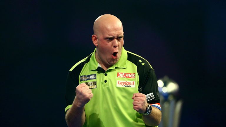 Michael van Gerwen of the Netherlands celebrates a leg during the Final match against Michael Smith of England during Day 17 of the 2019 William Hill World Darts Championship at Alexandra Palace on January 01, 2019 in London, United Kingdom