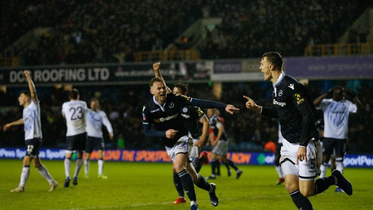 Jake Cooper celebrates after scoring for Millwall against West Ham