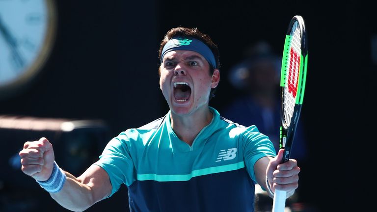 Milos Raonic of Canada celebrates after winning match point in his fourth round match against Alexander Zverev of Germany during day eight of the 2019 Australian Open at Melbourne Park on January 21, 2019 in Melbourne, Australia.
