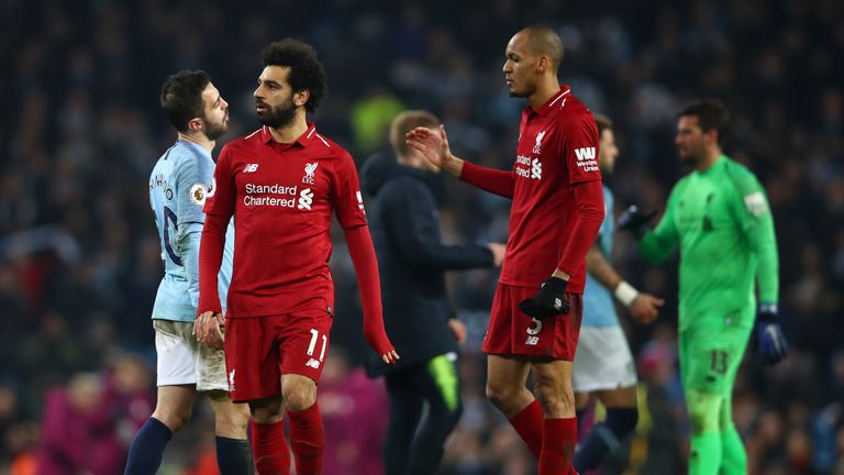 Mohamad Salah and Fabinho pictured at the Etihad after Liverpool's 2-1 defeat