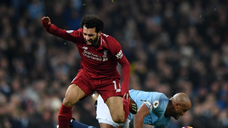 Mohamed Salah is fouled by Vincent Kompany