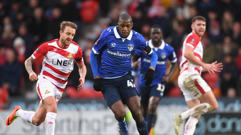 Mohamed Sylla of Oldham Athletic runs with the ball during the FA Cup Fourth Round match between Doncaster Rovers and Oldham Athletic at Keepmoat Stadium on January 26, 2019 in Doncaster, United Kingdom