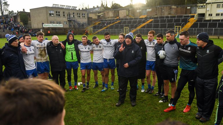 Job done: Malachy O'Rourke speaks to his side after the win over Dublin