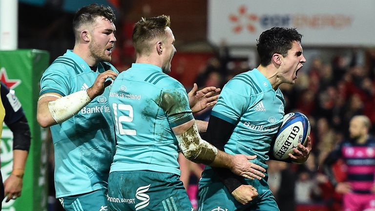 11 January 2019; Joey Carbery of Munster celebrates after scoring his side's first try during the Heineken Champions Cup Pool 2 Round 5 match between Gloucester and Munster at Kingsholm Stadium in Gloucester, England. Photo by Seb Daly/Sportsfile
