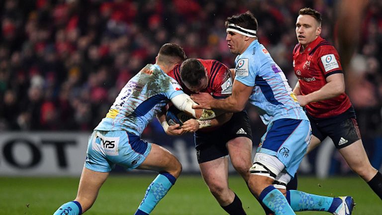 Dave Kilcoyne carries the ball for Munster in their bruising battle with Exeter