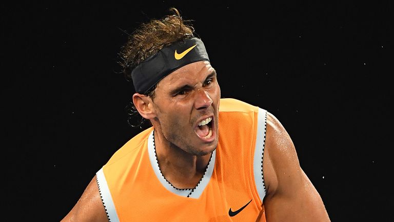  Rafael Nadal of Spain serves in his third round match against Alex De Minaur of Australia during day five of the 2019 Australian Open at Melbourne Park on January 18, 2019 in Melbourne, Australia. 