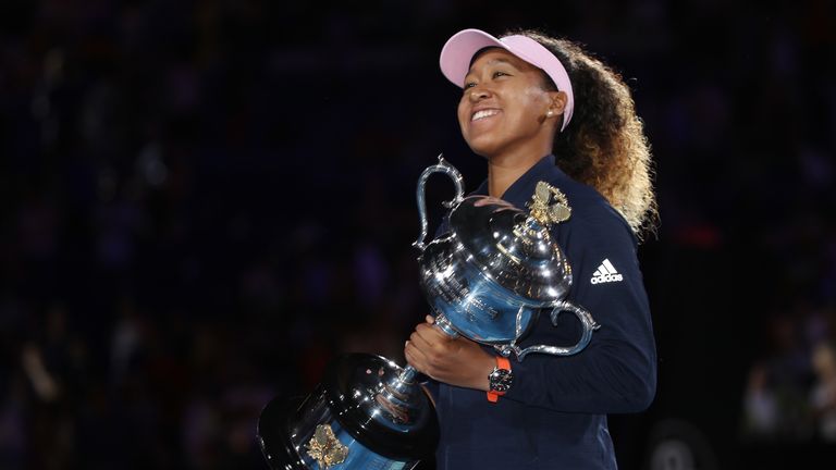 Naomi Osaka of Japan poses for a photo with the Daphne Akhurst Memorial Cup following victory in her Women's Singles Final match against Petra Kvitova of the Czech Republic during day 13 of the 2019 Australian Open at Melbourne Park on January 26, 2019 in Melbourne, Australia. 