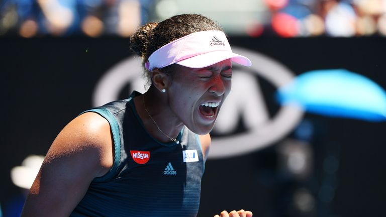 Naomi Osaka of Japan celebrates after winning match point in her fourth round match against Anastasija Sevastova of Latvia during day eight of the 2019 Australian Open at Melbourne Park on January 21, 2019 in Melbourne, Australia