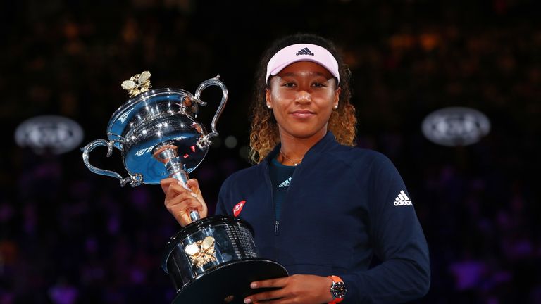 Naomi Osaka of Japan poses for a photo with the Daphne Akhurst Memorial Cup following victory in her Women's Singles Final match against Petra Kvitova of the Czech Republic during day 13 of the 2019 Australian Open at Melbourne Park on January 26, 2019 in Melbourne, Australia.