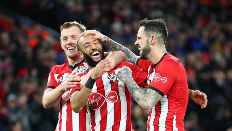Nathan Redmond, James Ward-Prowse and Danny Ings celebrate Southampton's second goal
