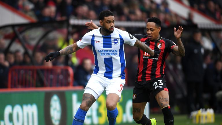 Nathaniel Clyne and Jurgen Locadia during the FA Cup Third Round match between AFC Bournemouth and Brighton and Hove Albion at Vitality Stadium on January 5, 2019 in Bournemouth, United Kingdom.