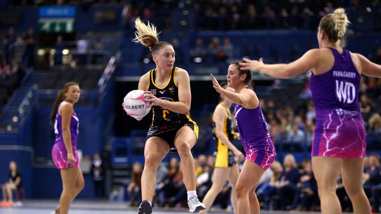 Jade Clarke of Wasps Netball attacking against Loughborough Lightning at Super 10 