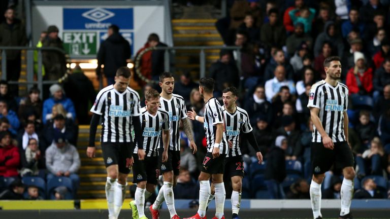 Newcastle celebrate a goal against Blackburn in the FA Cup third round 