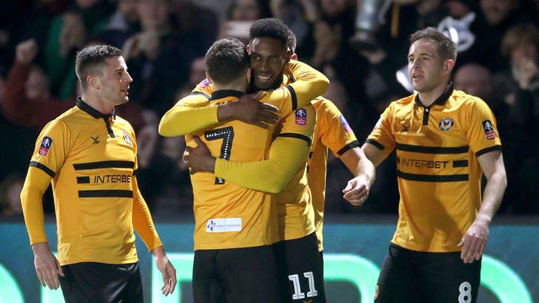 Newport County's Jamille Matt celebrates scoring against Leicester